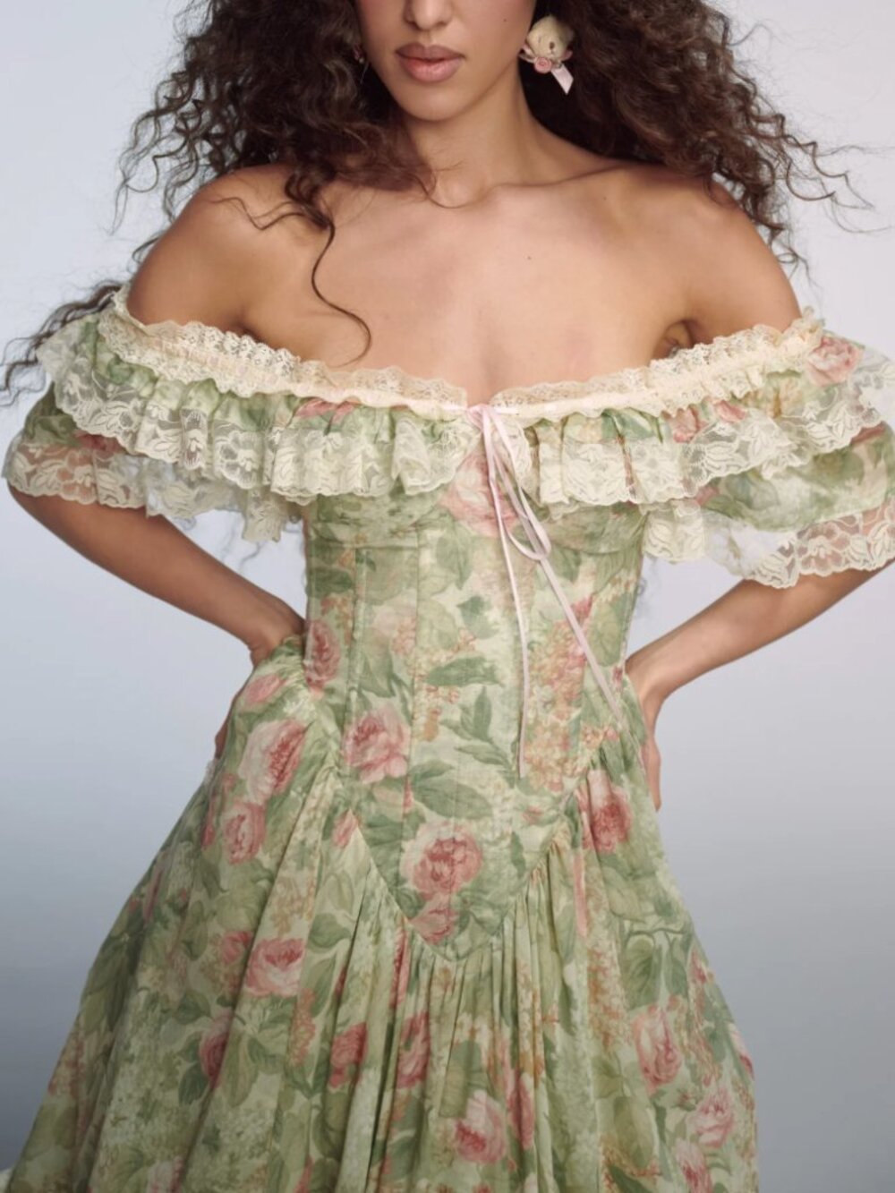 BEST Selkie The Kindred Spirit Cupid Midi Dress Green Cream Floral - Picture 10 of 13